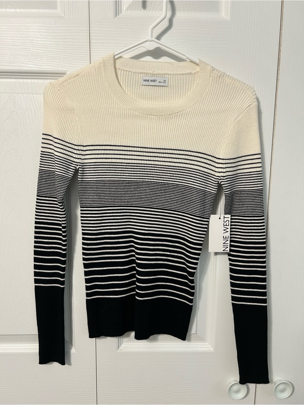 Nine West Cream-to-Black Ombre Striped Ribbed Crew Sweater